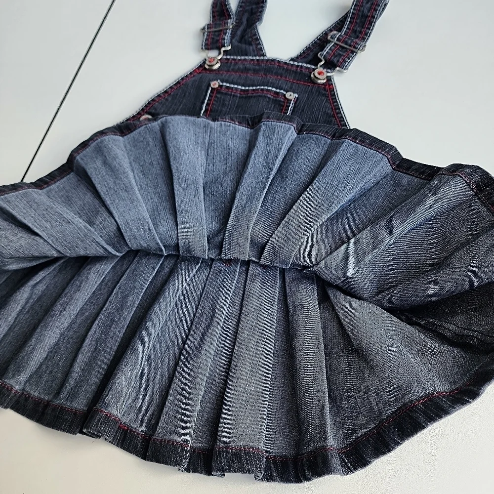 Dark Blue Denim Overalls with Pleated Skirt and Adjustable Straps